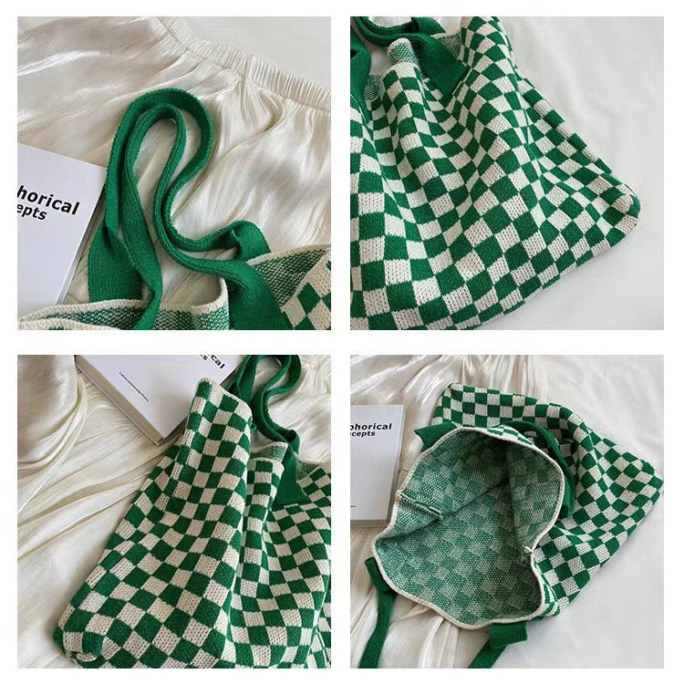 R1283 Knitted Checked Tote Bag