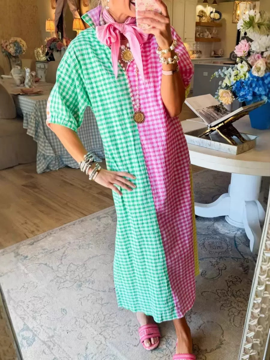 R1435 plaid color-blocked shirt long dress