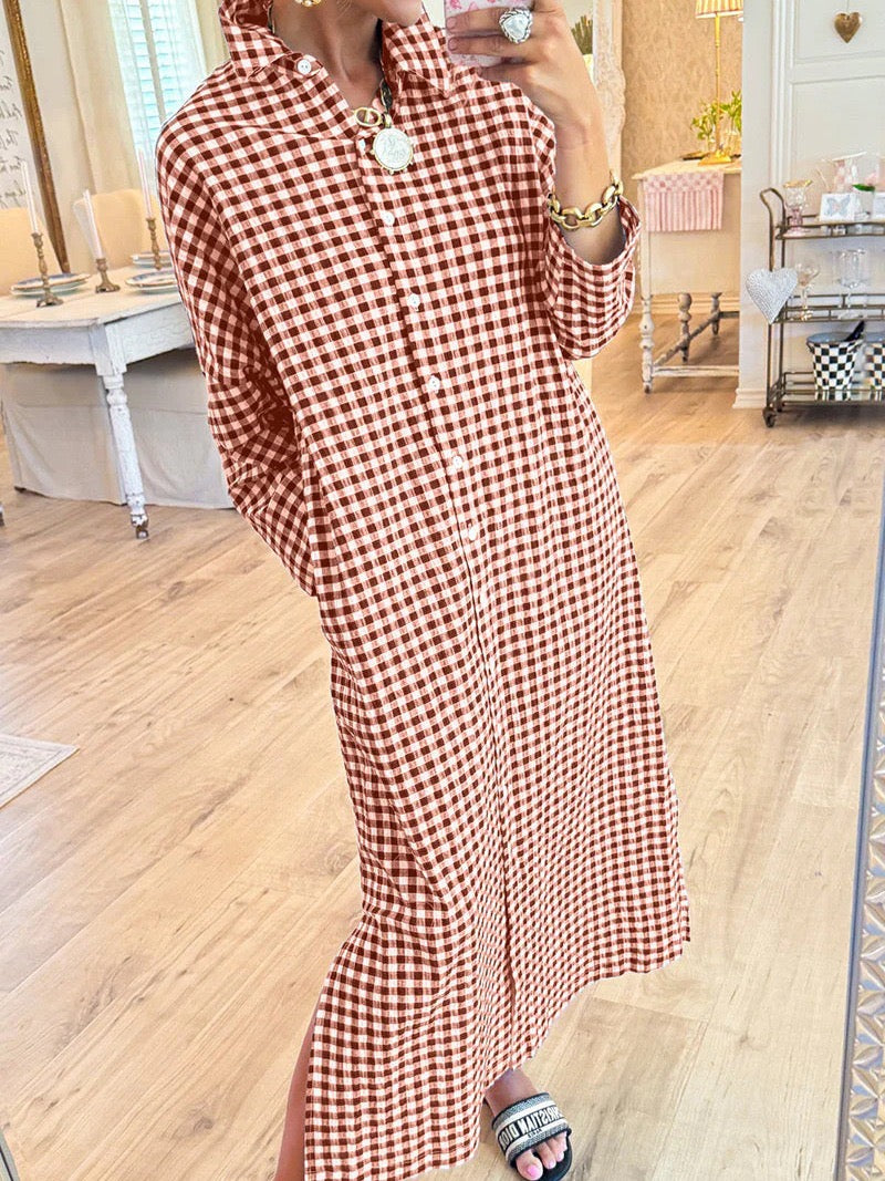 R1399 Long Sleeve Buttoned Plaid Long Dress