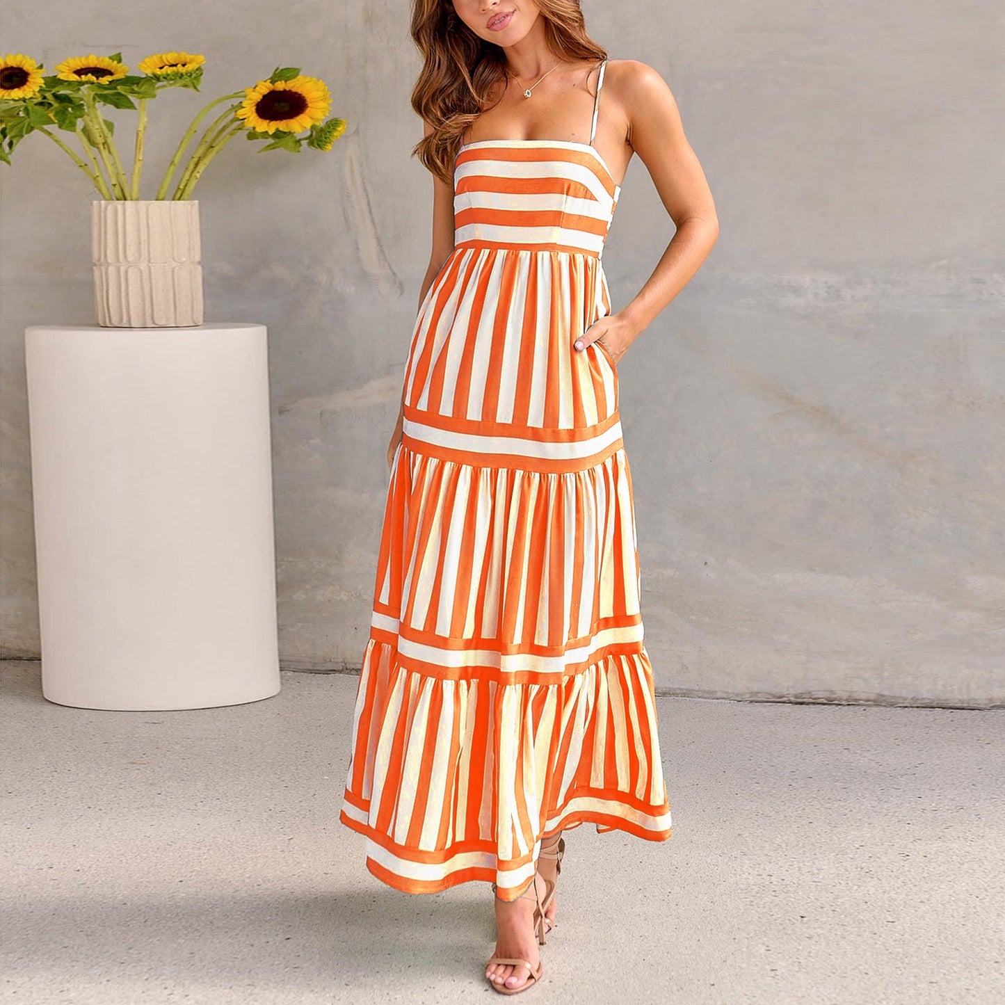 R1411 Stripe Slip Long Dress