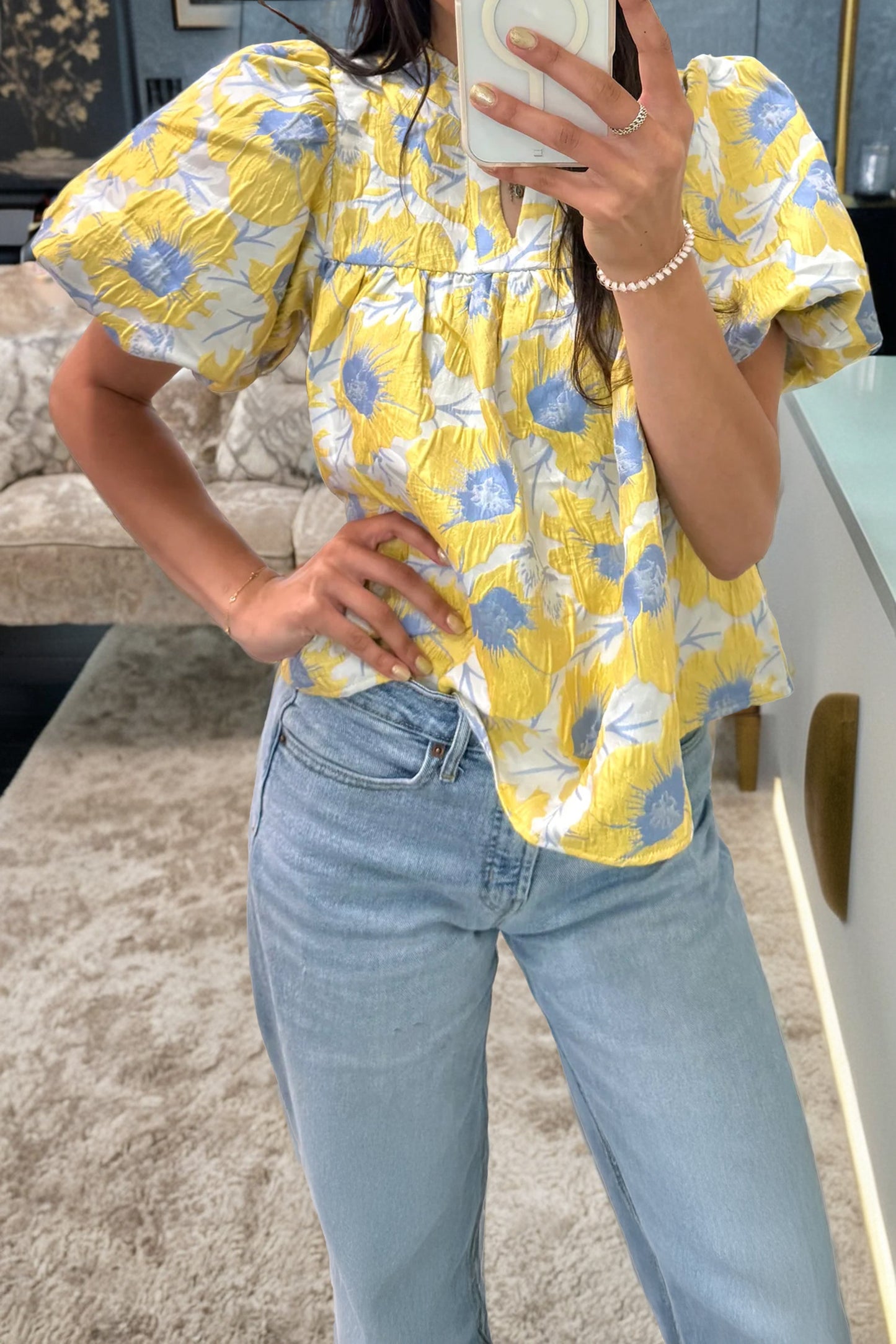 R1385 Short Bubble Sleeve Summer Floral Blouse