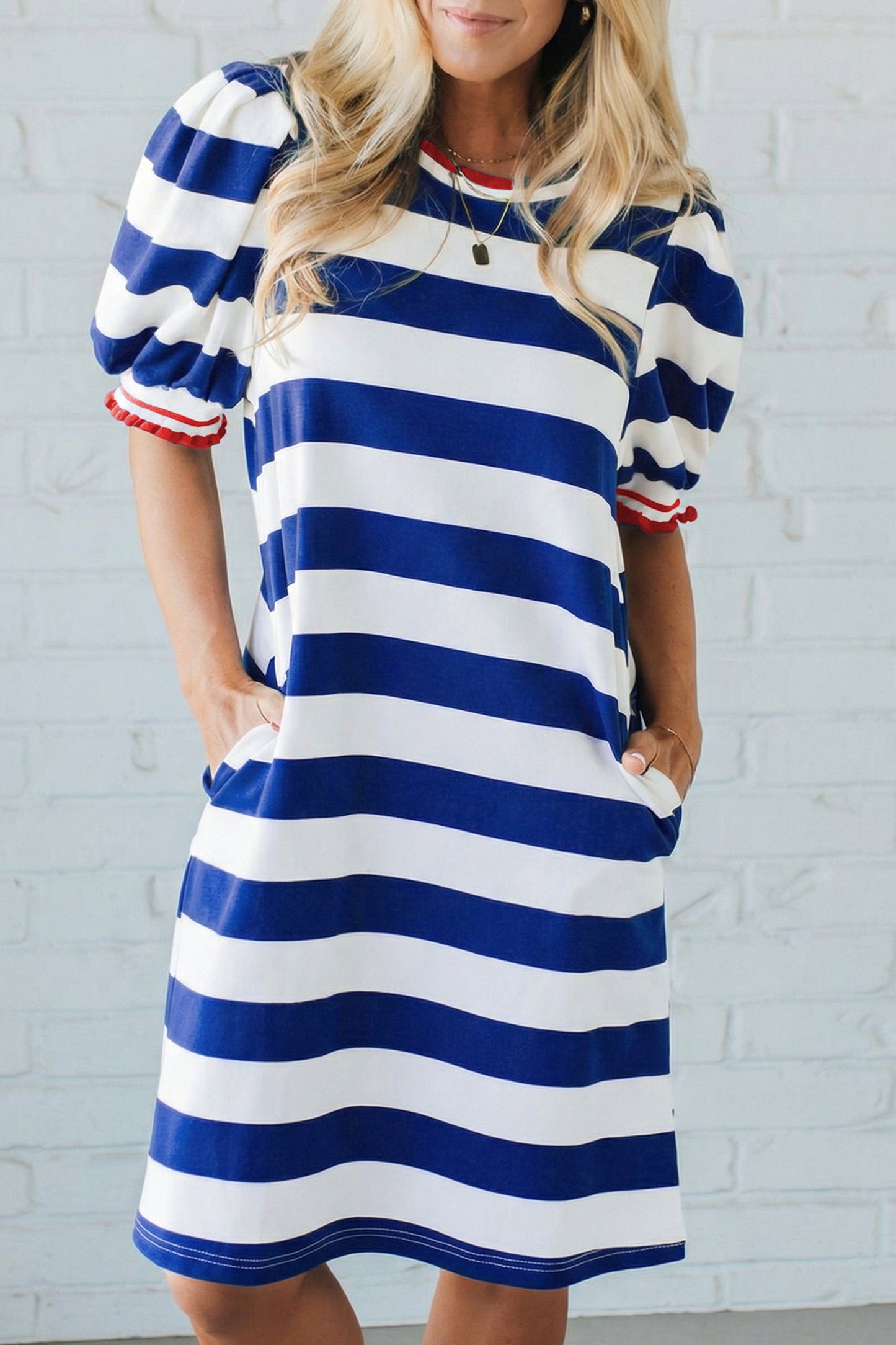 R1374 Stripe Contrast Trim Round Neck Short Puff Sleeve Shift Dress