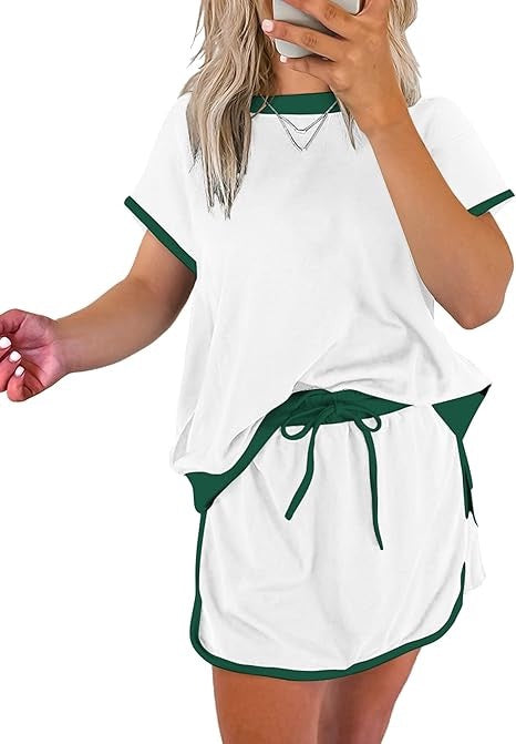 R1392 Colorblock Edge Drop Shoulder T Shirt and Skort 2Pcs Set