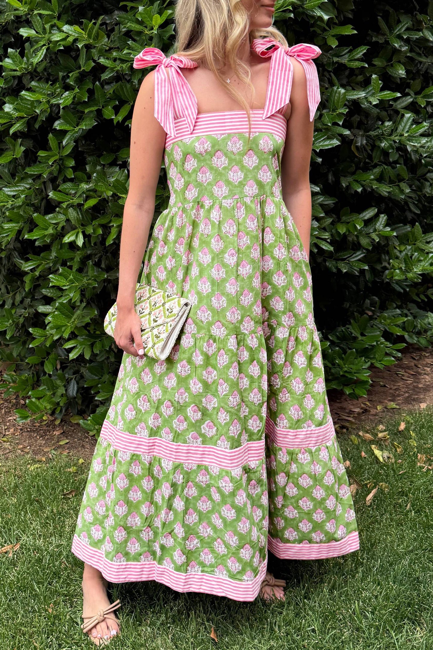 R1473 Green Floral Print Striped Detail Knot Straps Maxi Dress