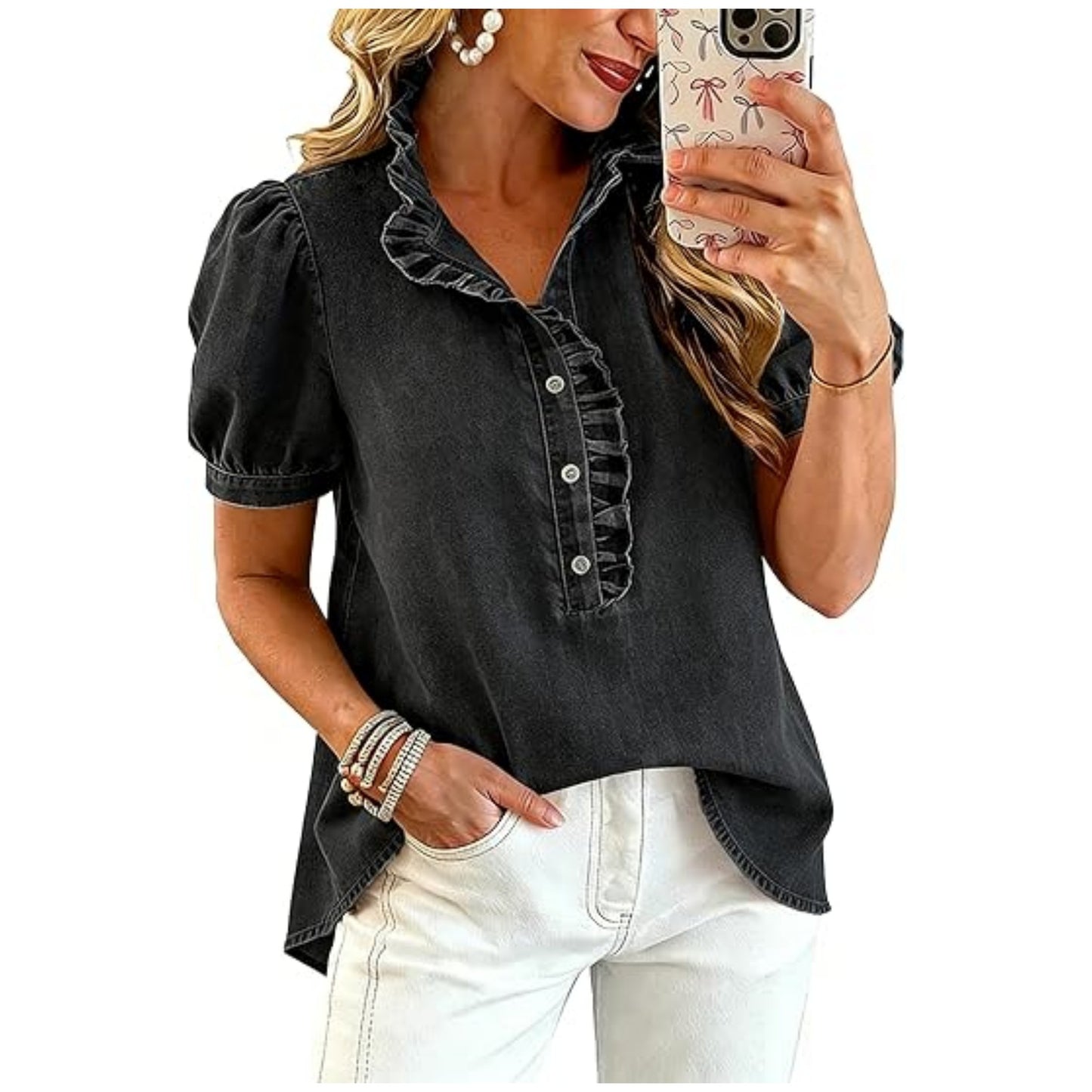 D5536 Ruffle Collar Denim Shirt
