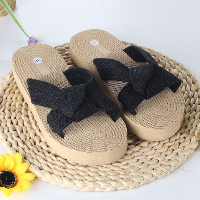 R1386 Parchment Boho Linen Bow Raffia Woven Light PVC Slippers