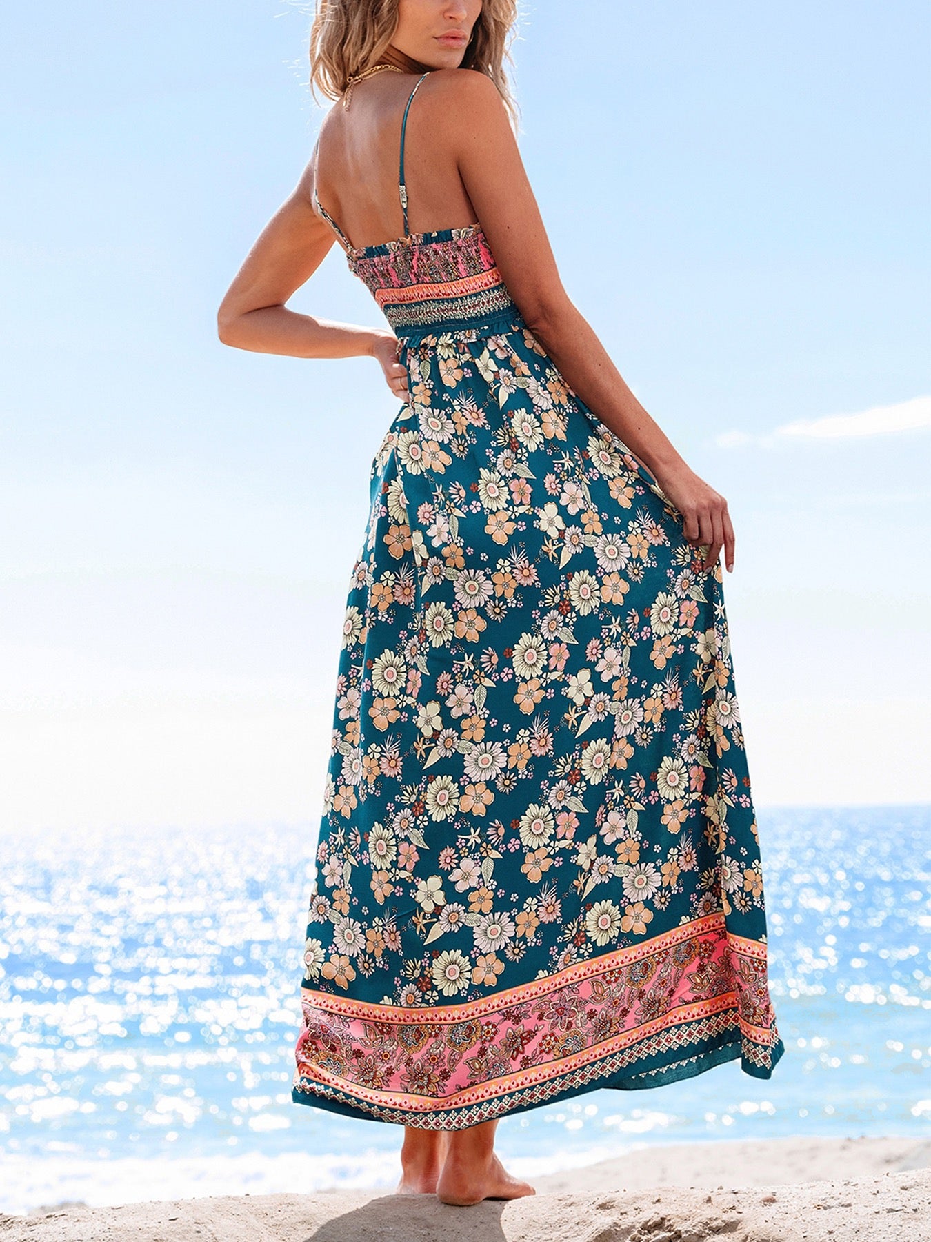 R1503 Bohemian Ethnic Print Spaghetti Straps Vacation Maxi Dress
