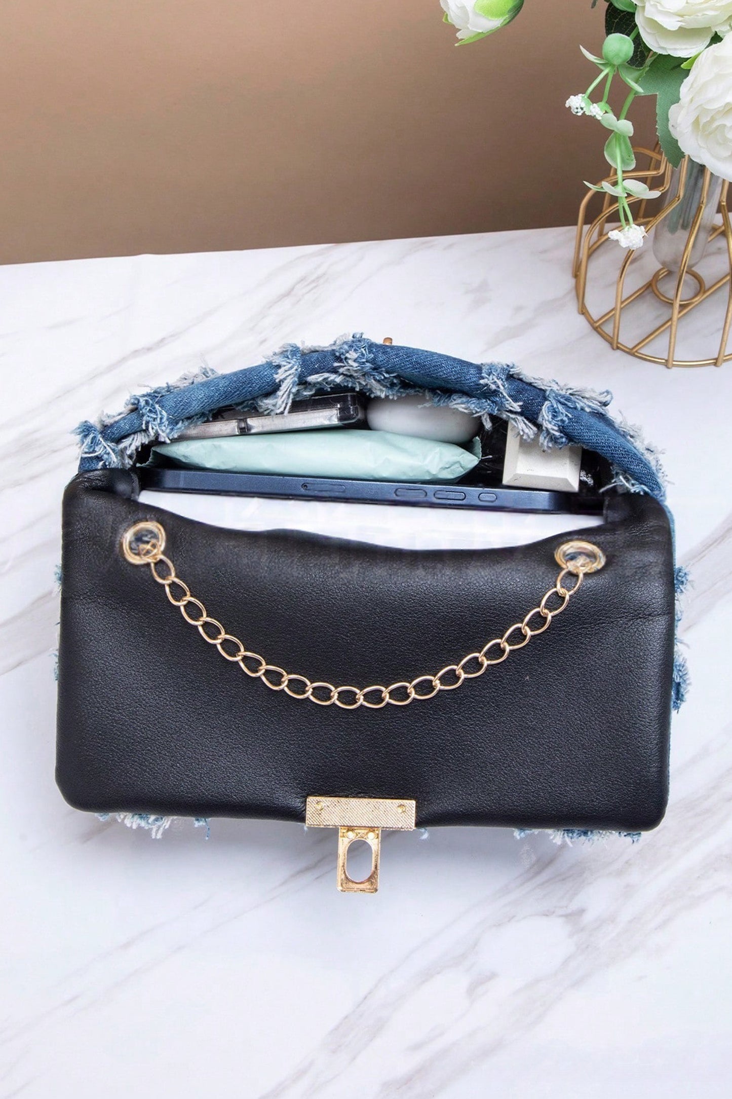 R1342 Blue Distressed Lattice Denim Chain Strap Shoulder Bag