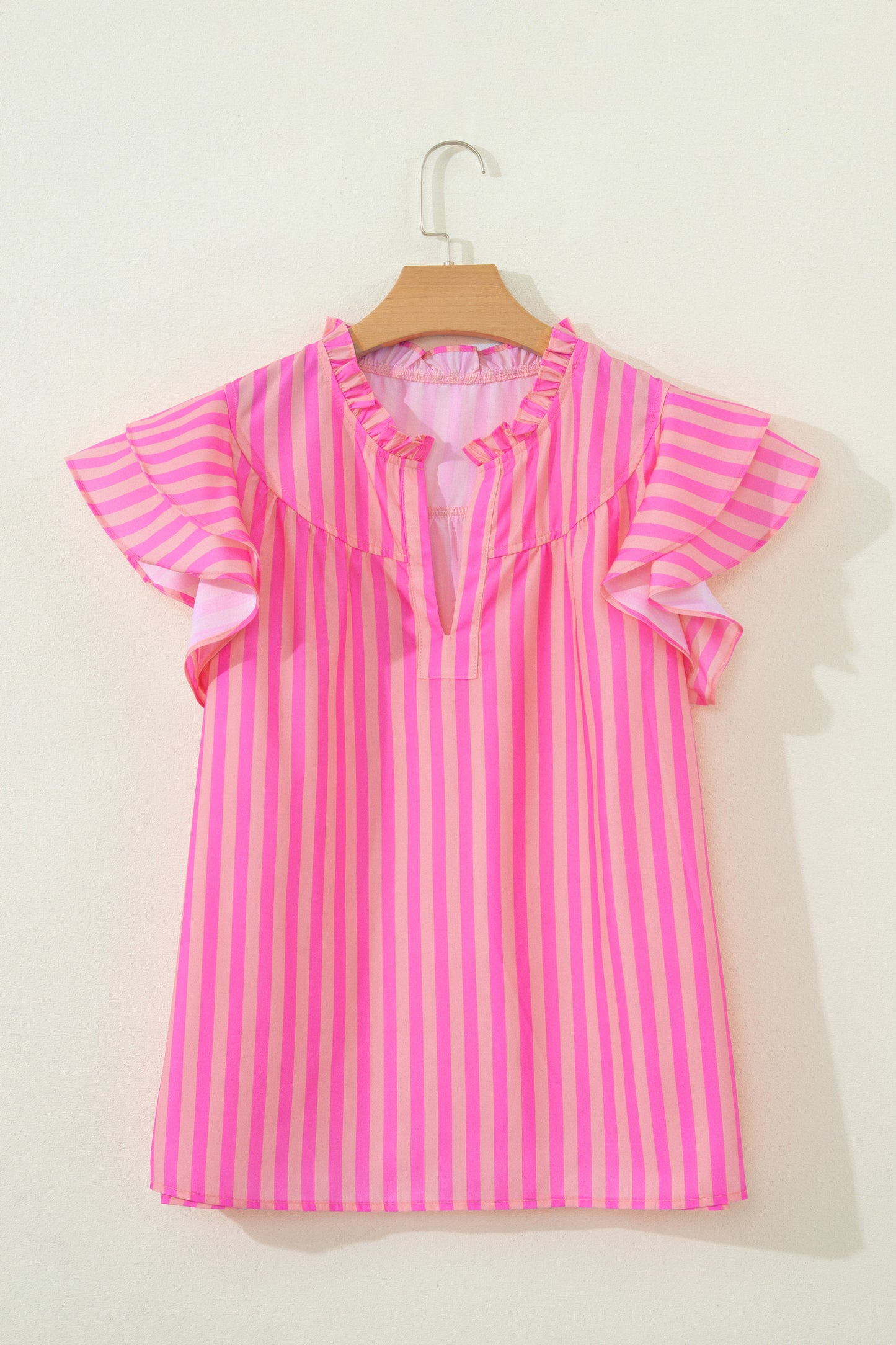 R1428 Pink Stripe Split Neck Ruffled Summer Blouse