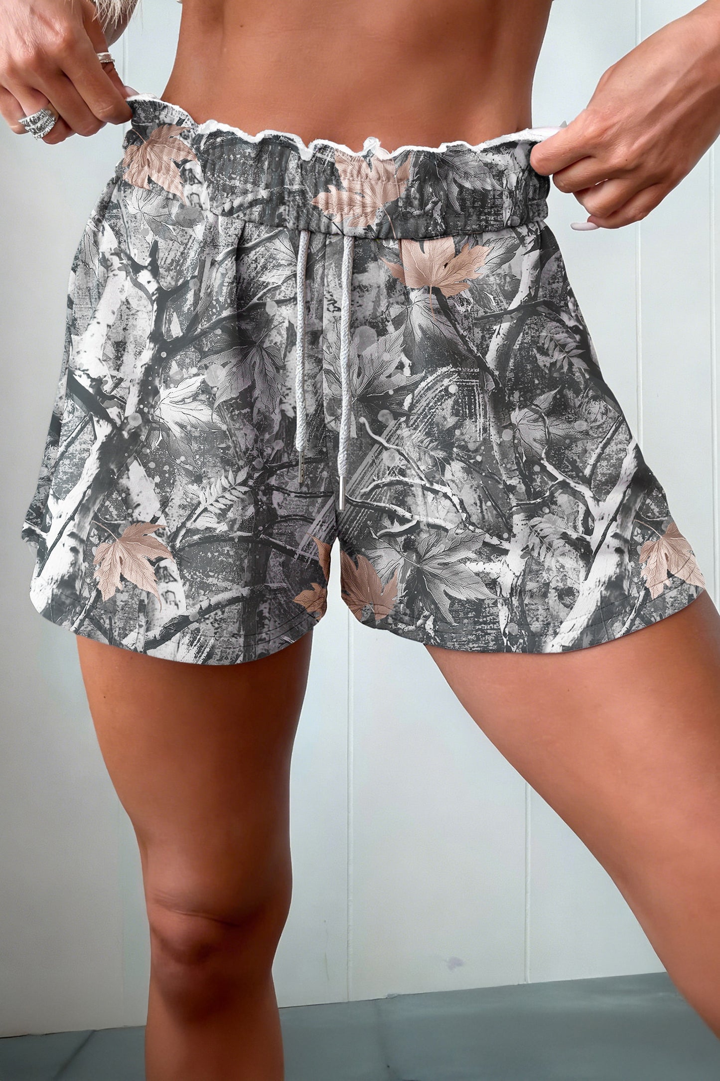 R1445 Gray Abstract Maple Leaf Printed Tie Elastic Waist Shorts
