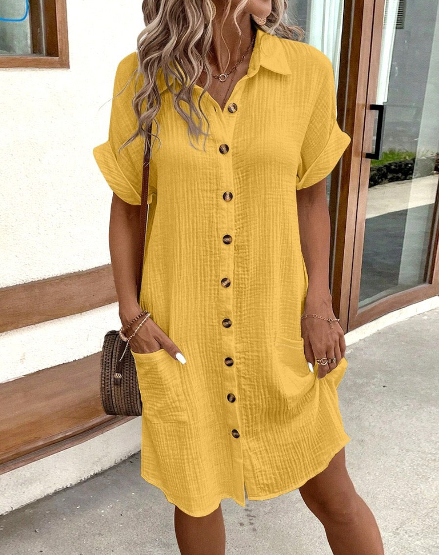 R1558 Linen Button Front Pocket Dress