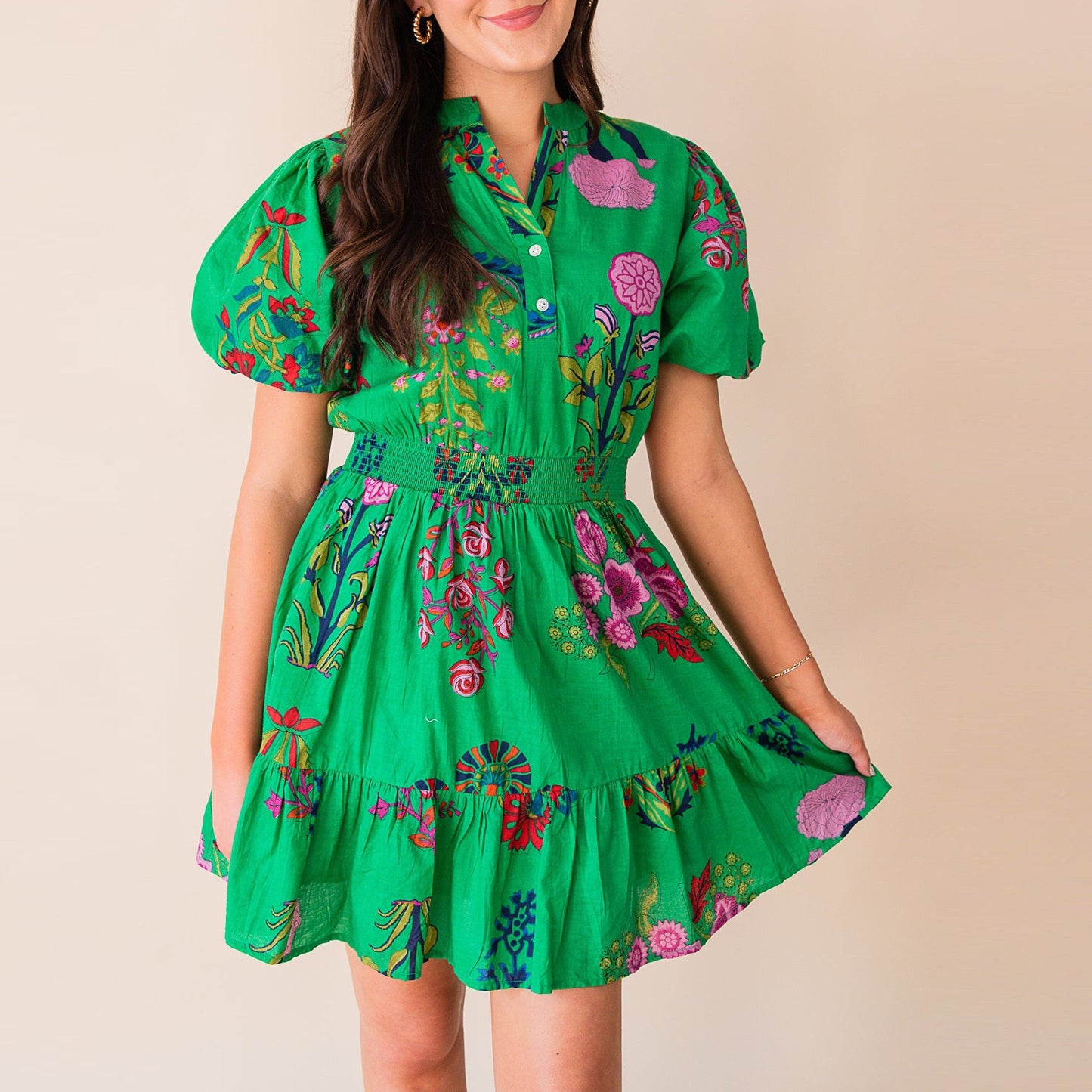 R1656 Puff Sleeve Floral Print Mini Dress