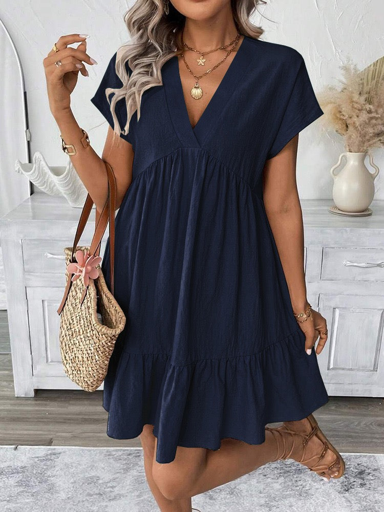 R1521 Short Sleeve Solid Color Ruffle Dress