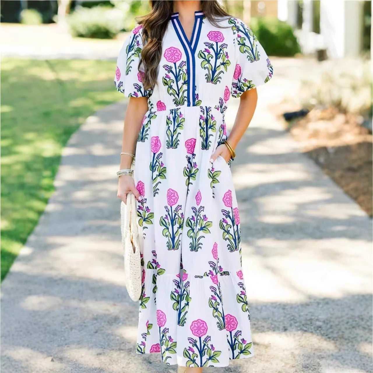 R1552 Floral Puff Short Sleeve V Neck High Waist Maxi Dress