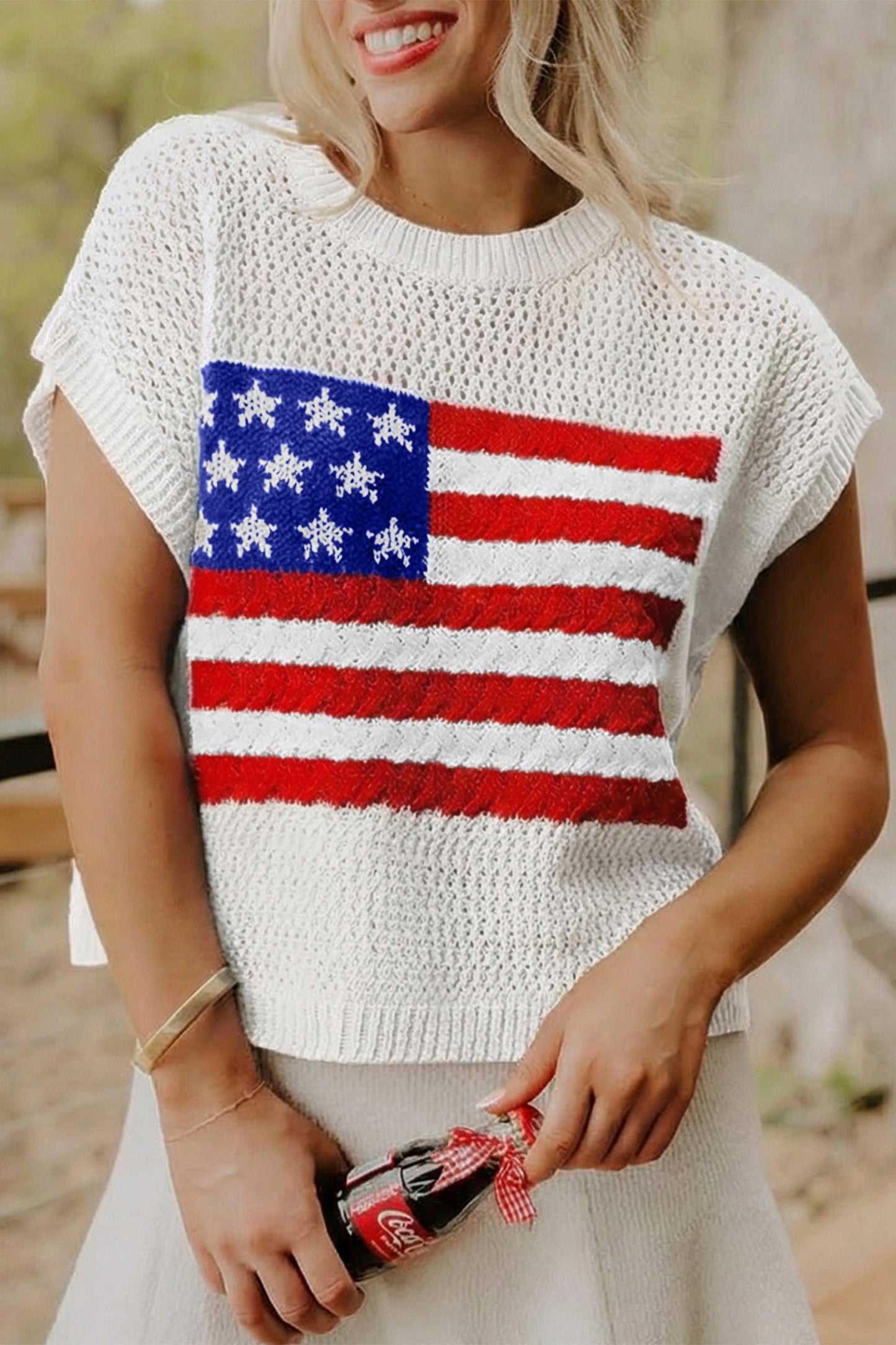 R1346 Flag Graphic Short Sleeve Sweater Top