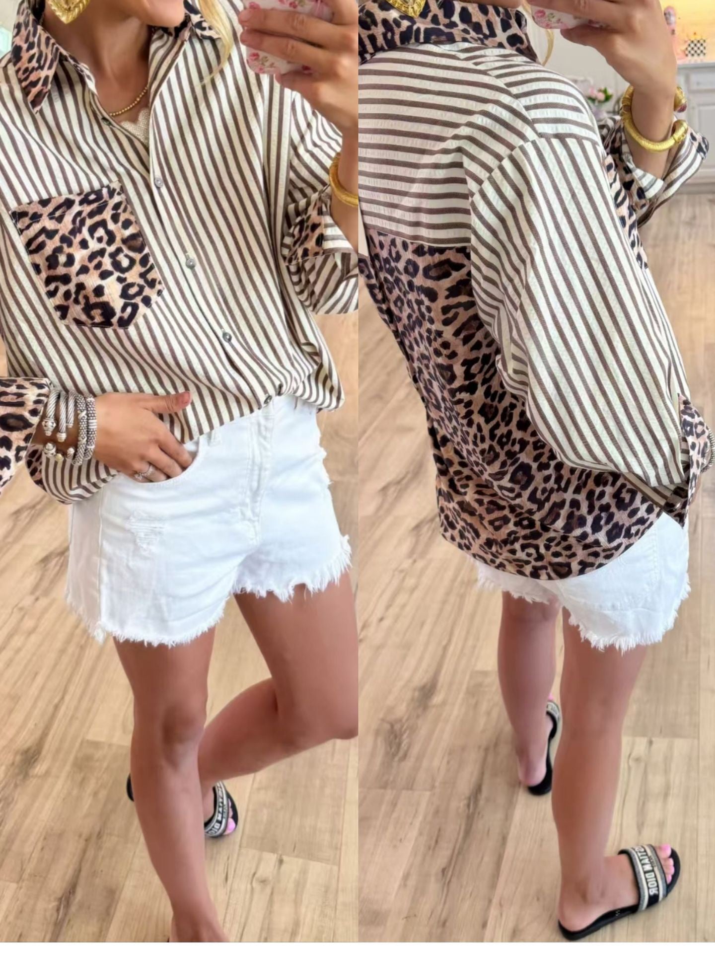 R1390 Long Sleeve Button Front Leopard & Stripe Contrast Blouse