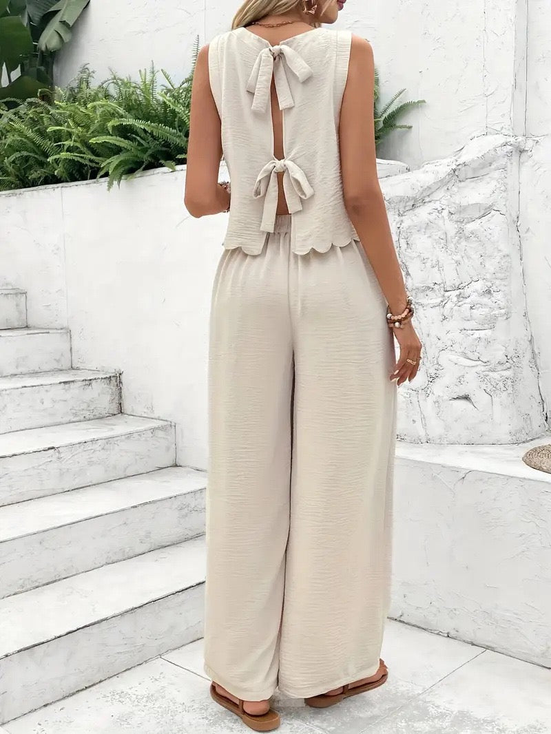 R1281 Bow Knot Back Tank Top and wide-leg pants two-piece set
