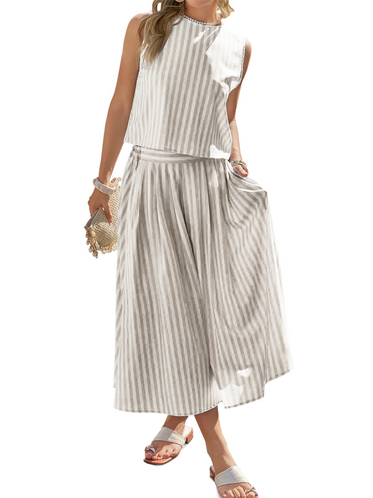 R1593 Stripe Button Two Pieces Long Dress Set