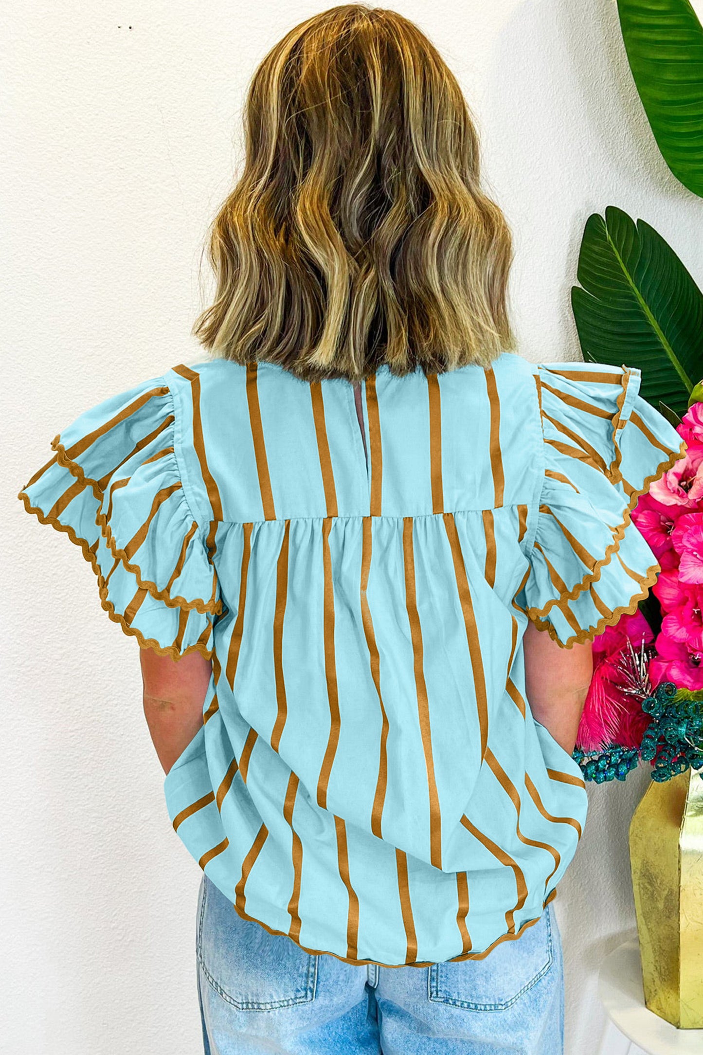 R1372 Sky Blue Stripe Ricrac Trim Double Ruffled Short Sleeve V Neck Blouse