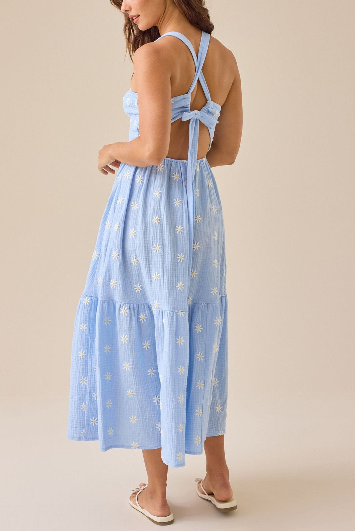 R1433 Sky Blue Embroidered Linen Slip Dress