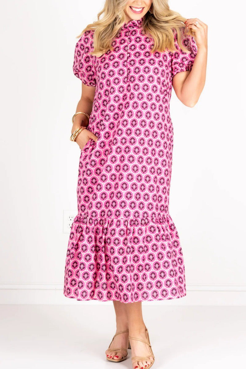 R1459 Hot Pink Puff Sleeve Printed Long Dress