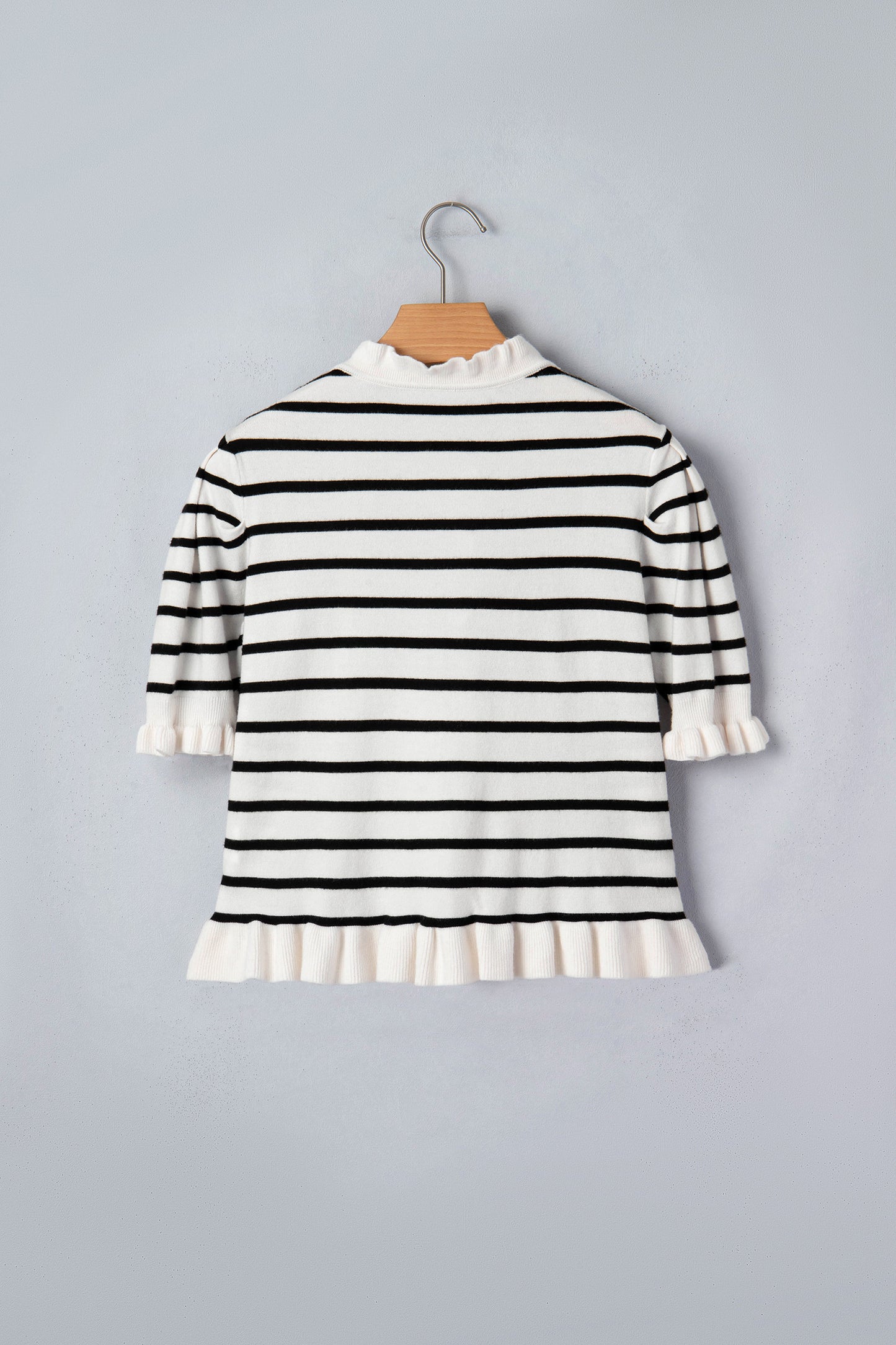 R1426 Beige Stripe Ruffle Trim Button Down Knit Short Sleeve Sweater Cardigan