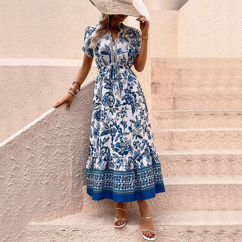 D5425 Summer Boho Retro Blue Floral Long Dress