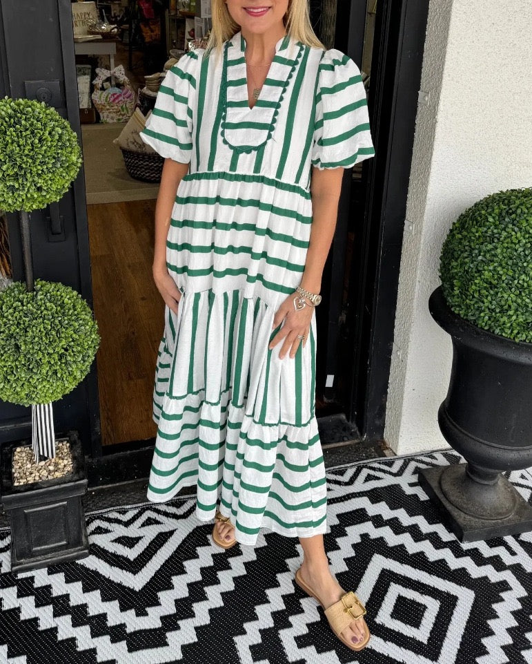 R1510 Puff Sleeve Stripe Long Dress