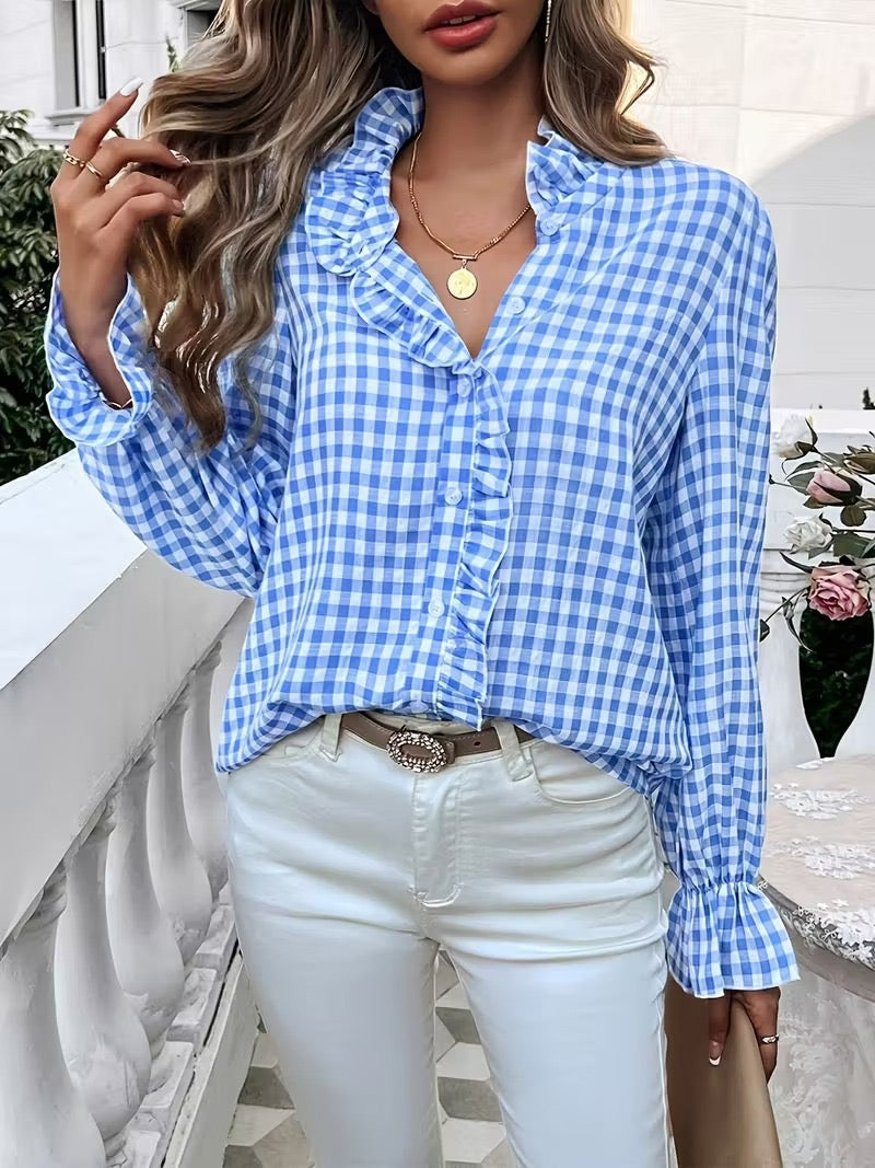 R1242 Long Sleeve Ruffle Hem Checked Blouse