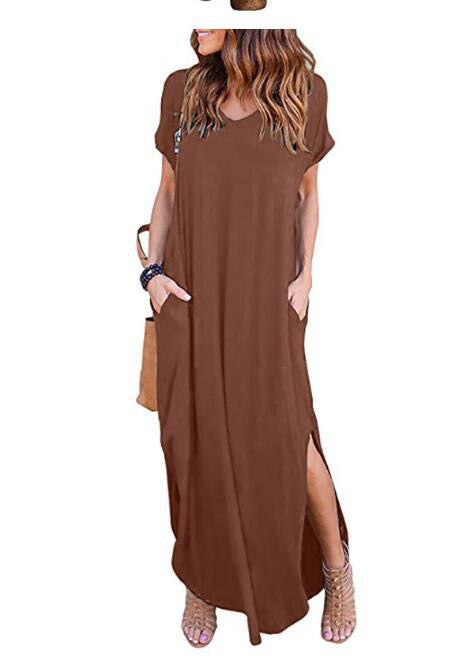 R1294 Short Sleeve Solid Color Pocket Maxi Dress