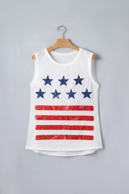 R1371 White Vintage Stars and Stripes Printed Casual Tank Top