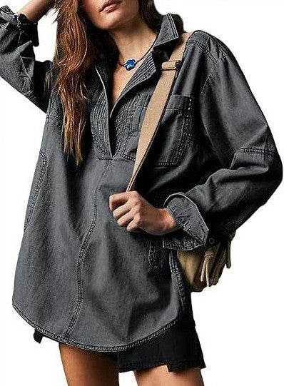 R1252 V neck Oversized Denim Top