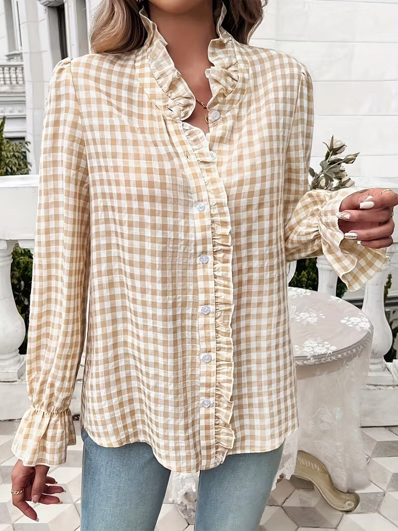 R1242 Long Sleeve Ruffle Hem Checked Blouse
