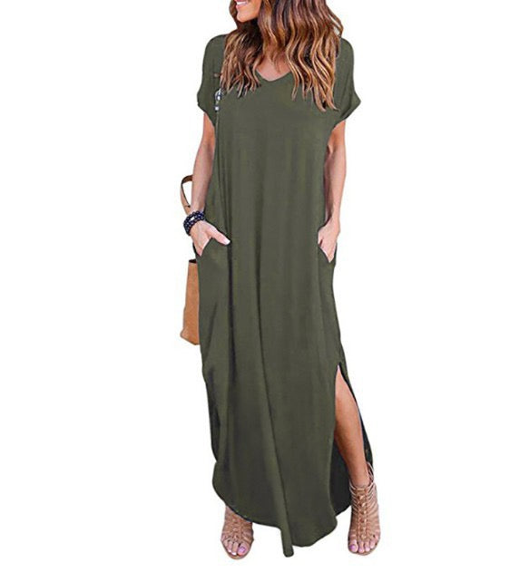R1294 Short Sleeve Solid Color Pocket Maxi Dress
