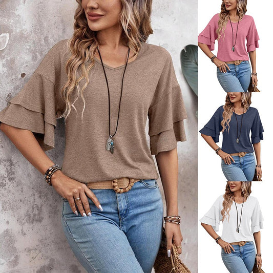 R1311 Solid Color Ruffle Sleeve Top