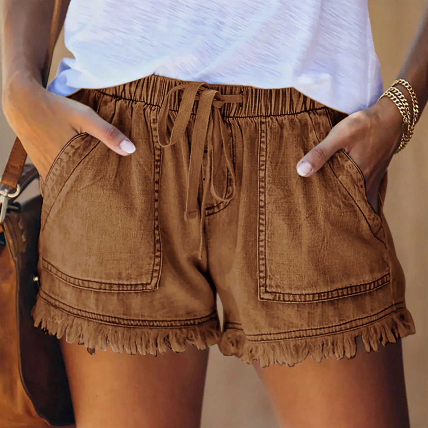 R1396 Drawstring Distressed Trim Denim Pocket Shorts