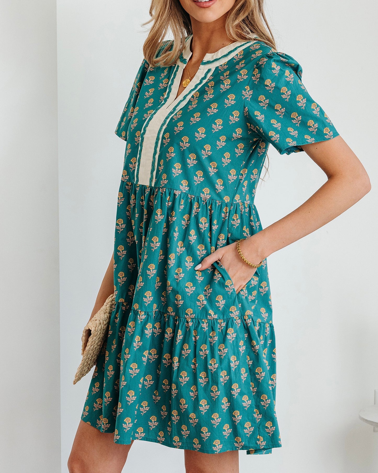 Green Contrast Trim V Neck Short Sleeve Floral Dress