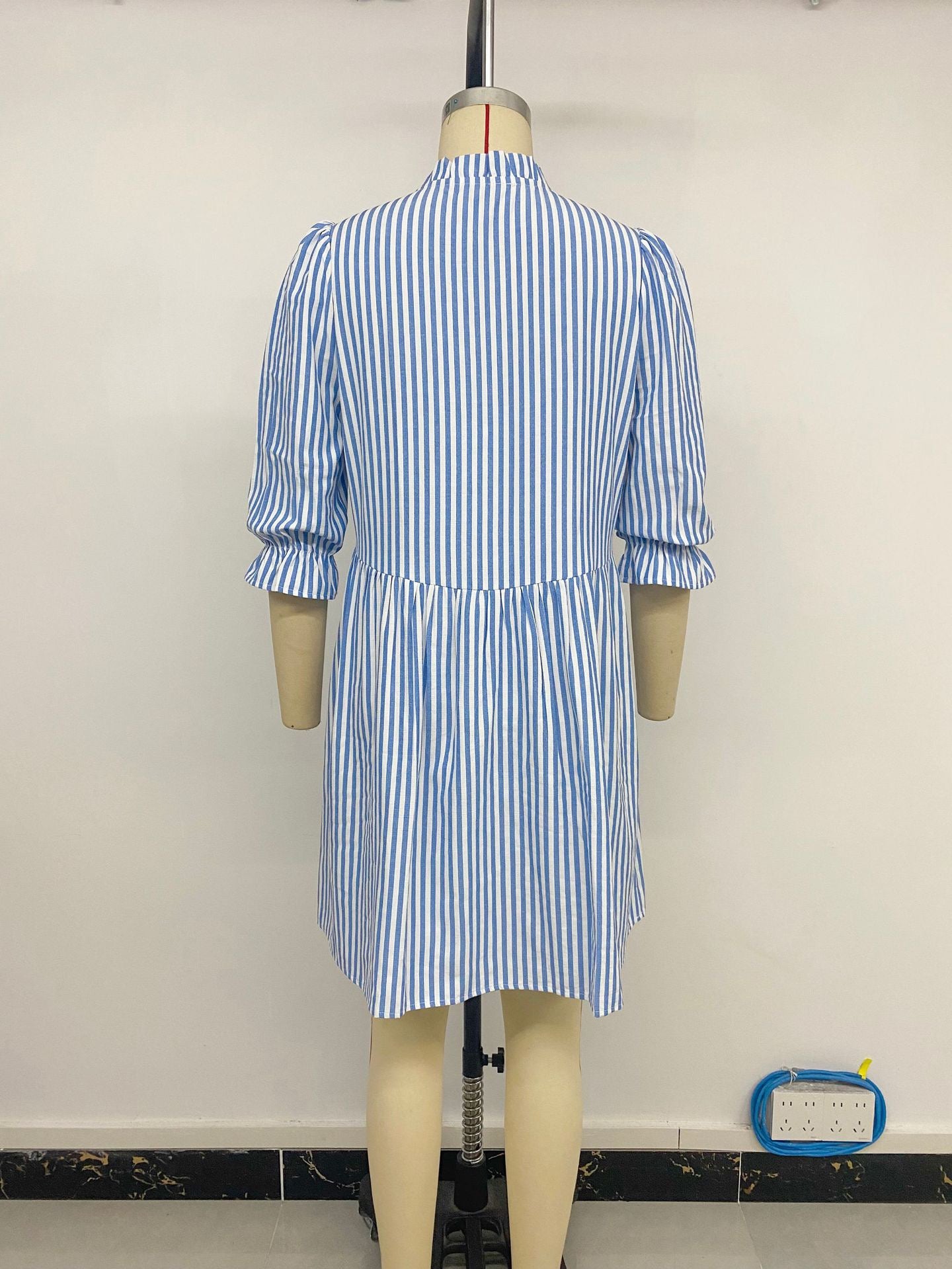 R1245 Bubble Sleeve Stand Collar Striped Dress for Women Summer