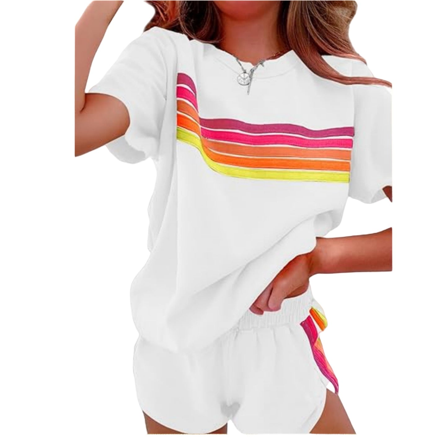 D4573 Rain Bow Patchwork Short Sleeve Two Pieces Set