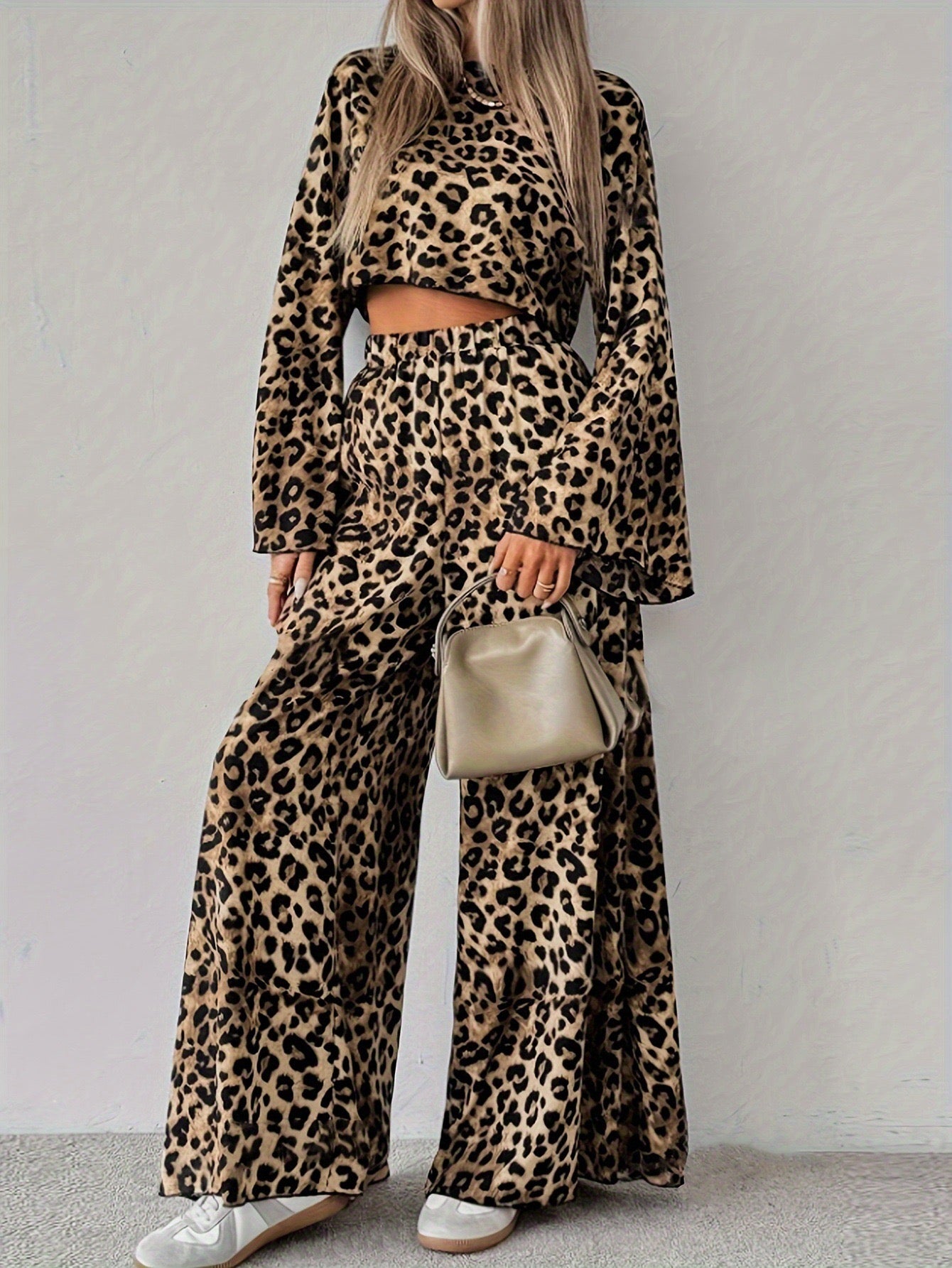 R1241 Lightweight Long Sleeve Leopard Print Crop Top & Pants Women's Outfit