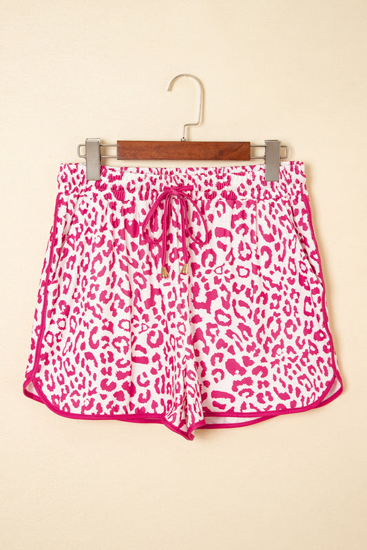 R1363 Leopard Elastic Waistband Lace up Contrast Trim Casual Shorts