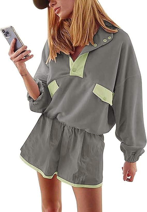 R1292 Color Block Patchwork Half Button Pullover and Shorts 2pcs Outfit