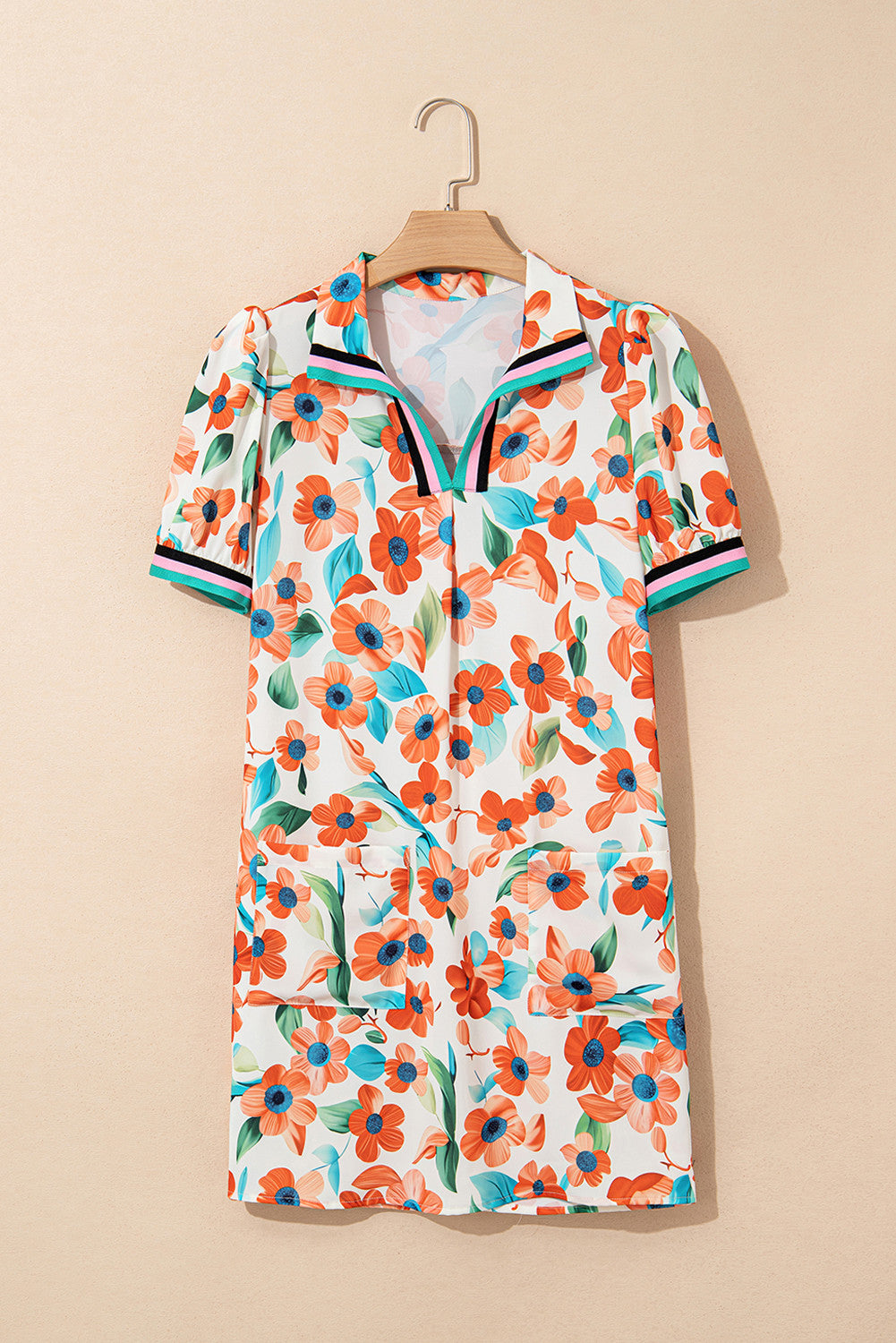 R1255 Collar Neck Floral Mini Dress with Pockets