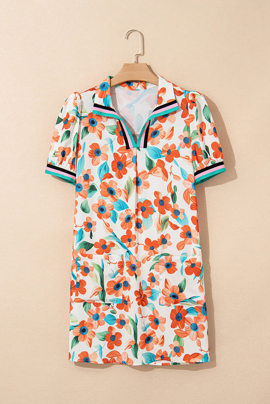 R1255 Collar Neck Floral Mini Dress with Pockets
