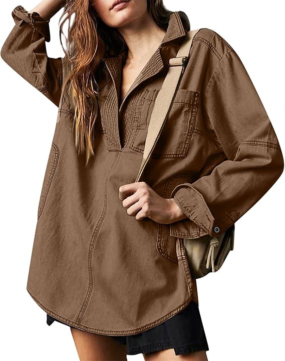 R1252 V neck Oversized Denim Top