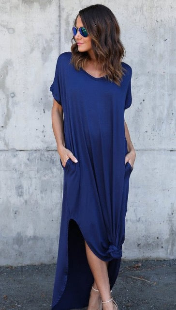R1294 Short Sleeve Solid Color Pocket Maxi Dress