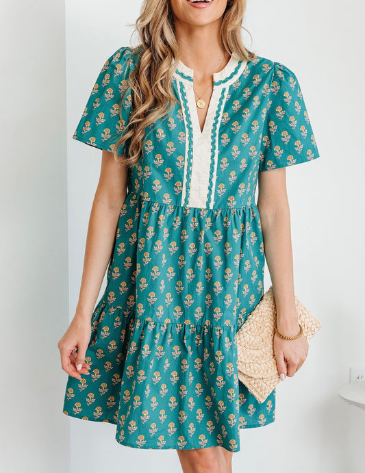 Green Contrast Trim V Neck Short Sleeve Floral Dress