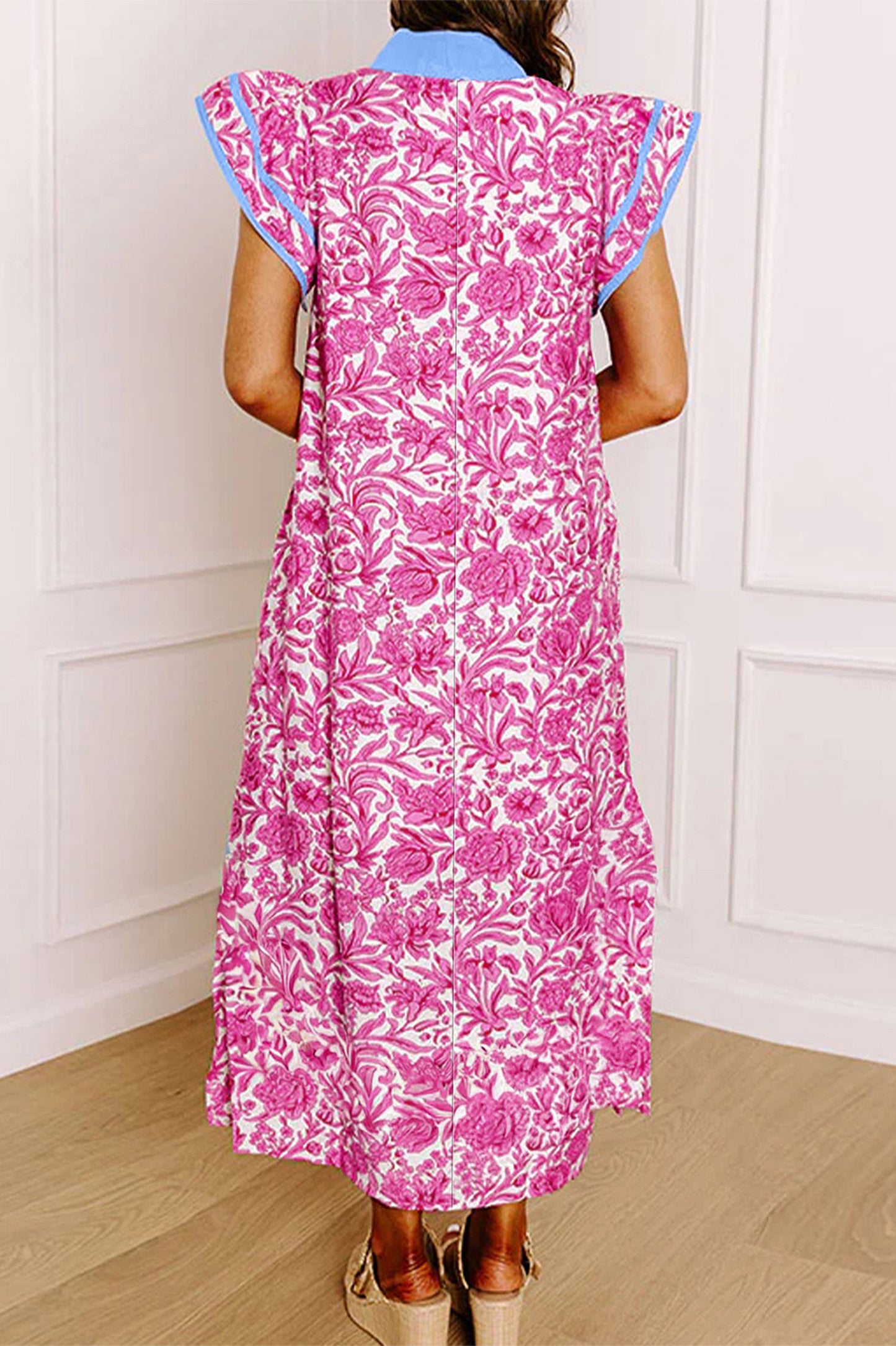 R1336 Floral Print Color Block Patchwork V Neck Short Sleeve Long Dress