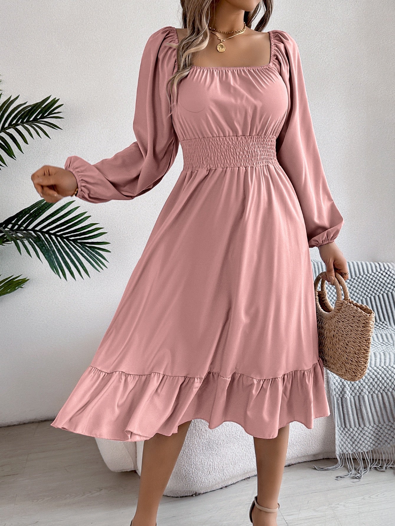 R1244 Solid-Color Square-Neck Long-Sleeve Waist-Defining Ruffle Hem Long Dress