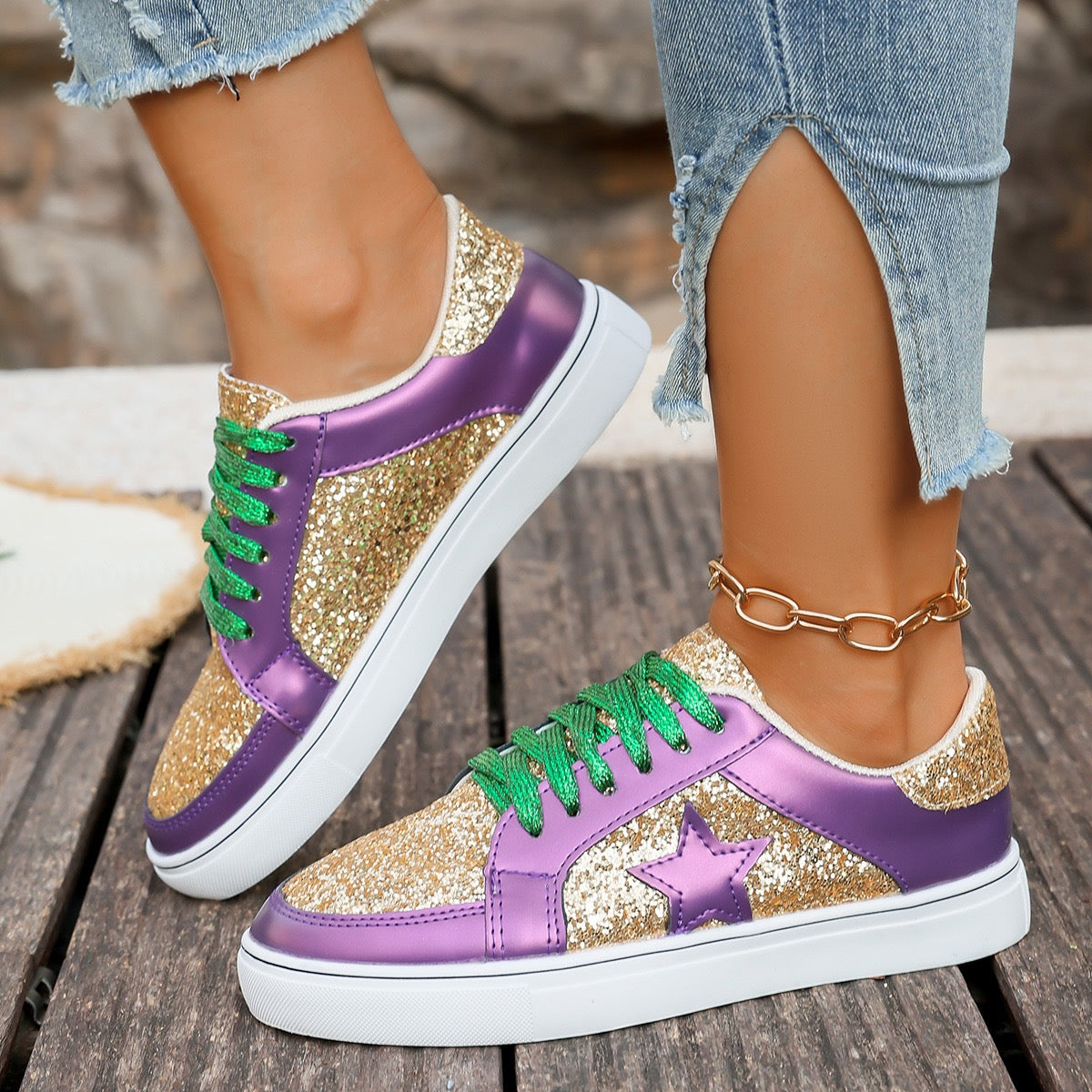 R1193 Glitter Star Pu Leather Sneakers